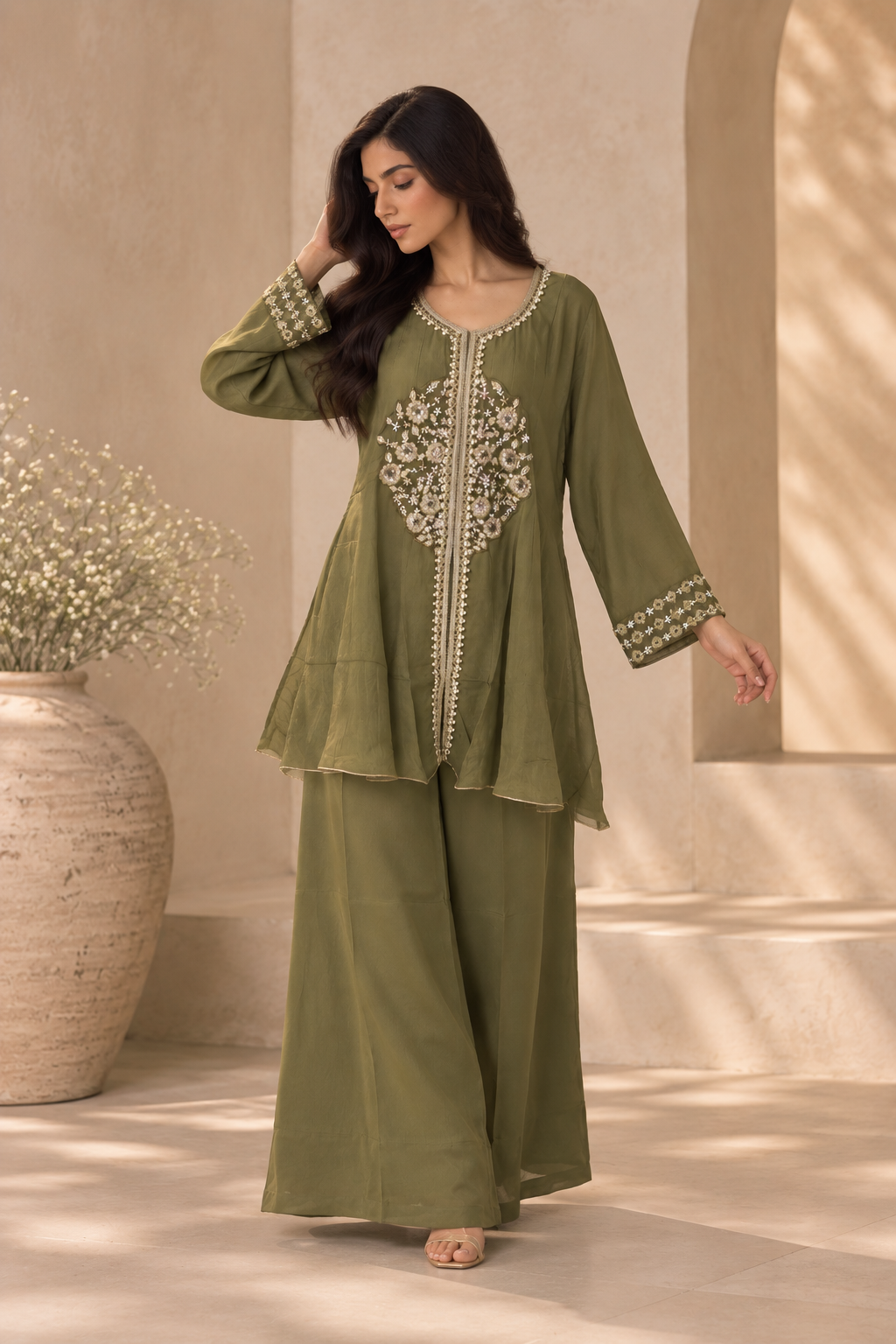 Olive Green Floral Embroidered A-Line Kurta with Wide-Leg Pants Set — Kurta Sets — view 2 | Lehar Clothing UAE