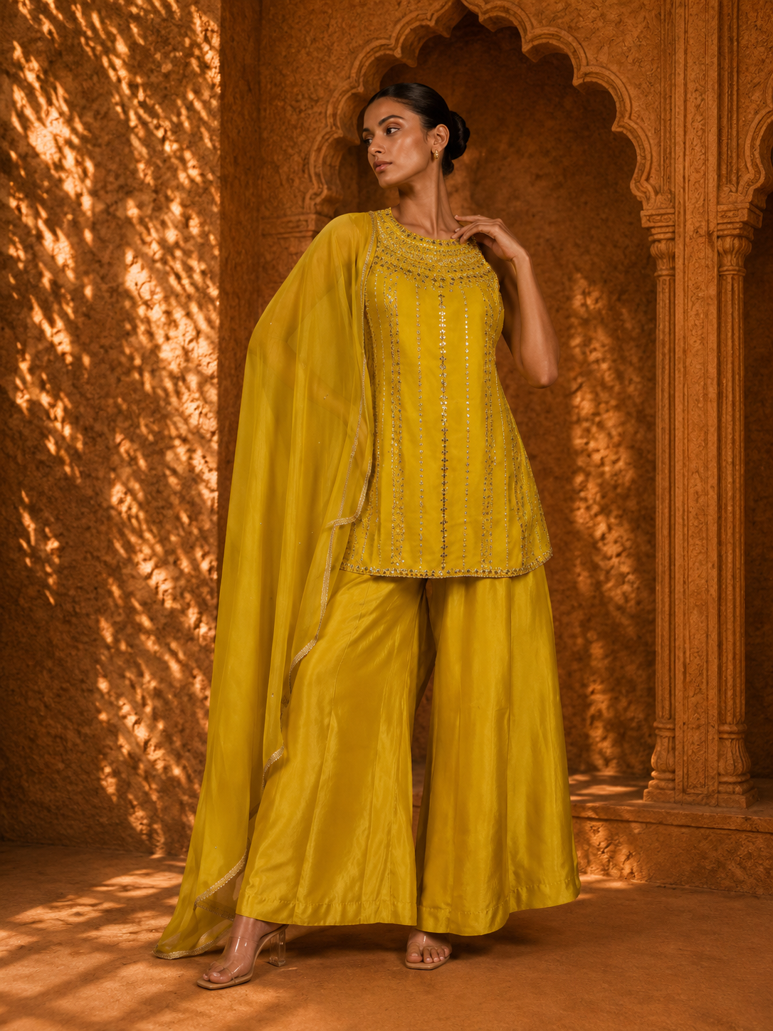 Women's Mustard Yellow Embellished Kurta with Wide-Leg Palazzo Pants & Dupatta Set — Sharara Set | Lehar Clothing UAE