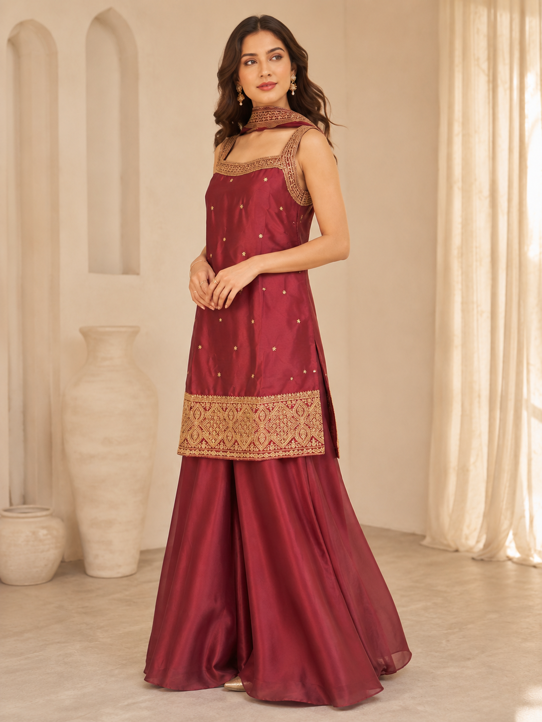 Women's Maroon Gold-Embroidered Kurti and Sharara Pants Set with Dupatta — Sharara Set | Lehar Clothing UAE