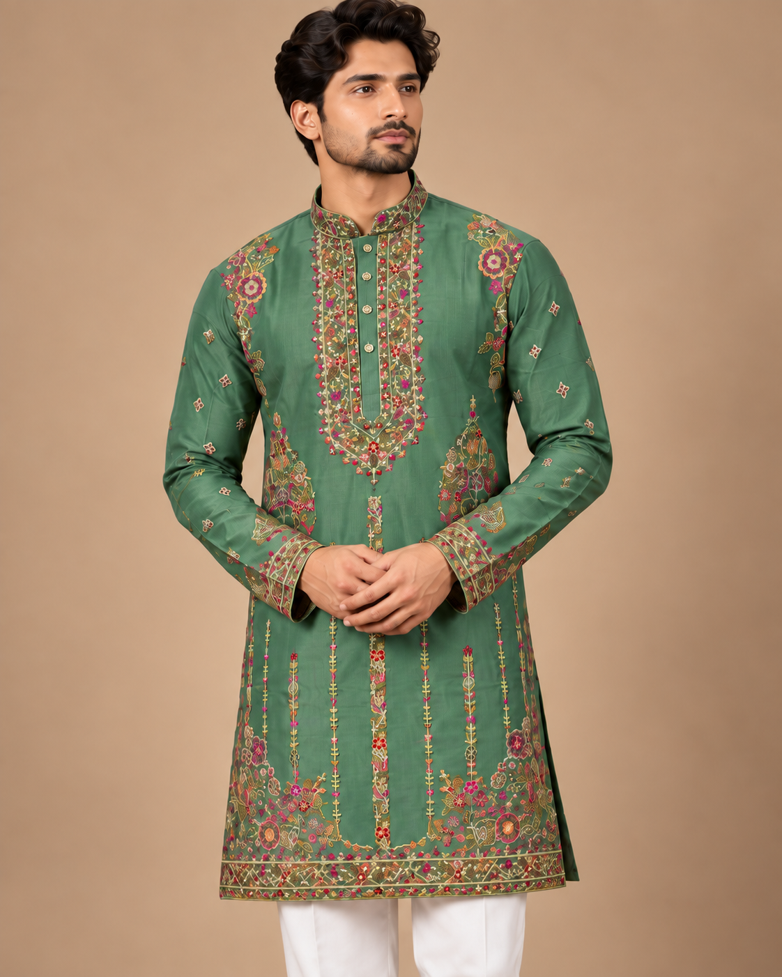 Men’s Sage Green Floral Embroidered Kurta Pajama Set — Kurta Sets — view 3 | Lehar Clothing UAE