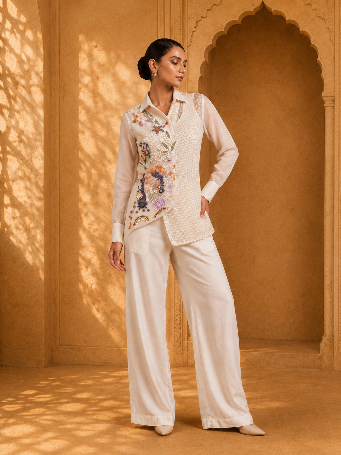 Lehar Ivory Floral Embroidered Overlay Co-Ord Set with Textured Inner Blouse & Palazzo Pants — Co-ord Set | Lehar Clothing UAE
