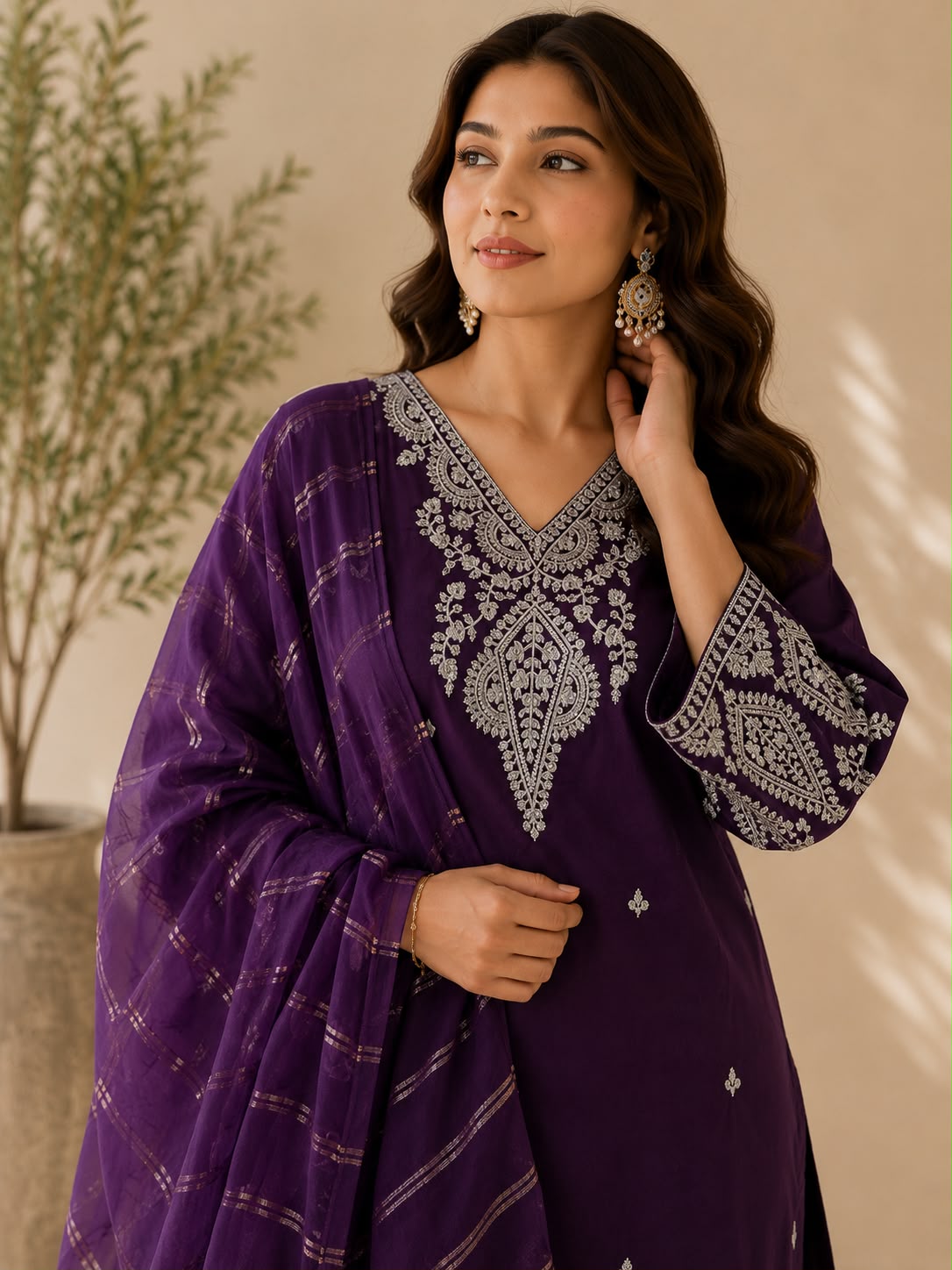 Purple Muslin Cotton Embroidered Kurta Set with Organza Dupatta — Kurta Sets — view 2 | Lehar Clothing UAE