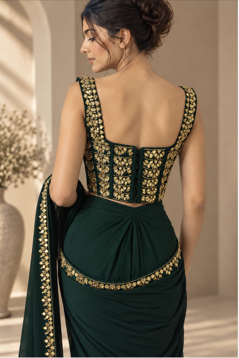 Women’s Bottle Green Georgette Saree with Gold Embroidered Border & Silk-Blend Sleeveless Blouse — Sarees — view 3 | Lehar Clothing UAE