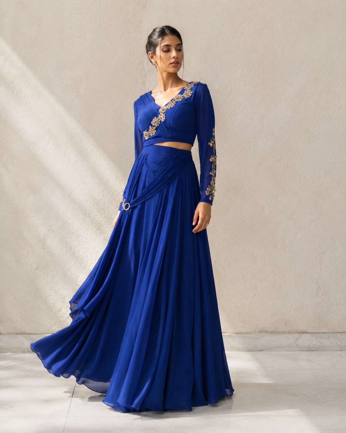 Royal Sapphire Embroidered Crop Blouse & Draped Skirt Set — Lehenga | Lehar Clothing UAE