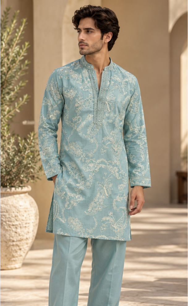 Men's Seafoam Blue Floral Embroidered Kurta Set with Matching Straight Pants — Kurta Sets — view 2 | Lehar Clothing UAE