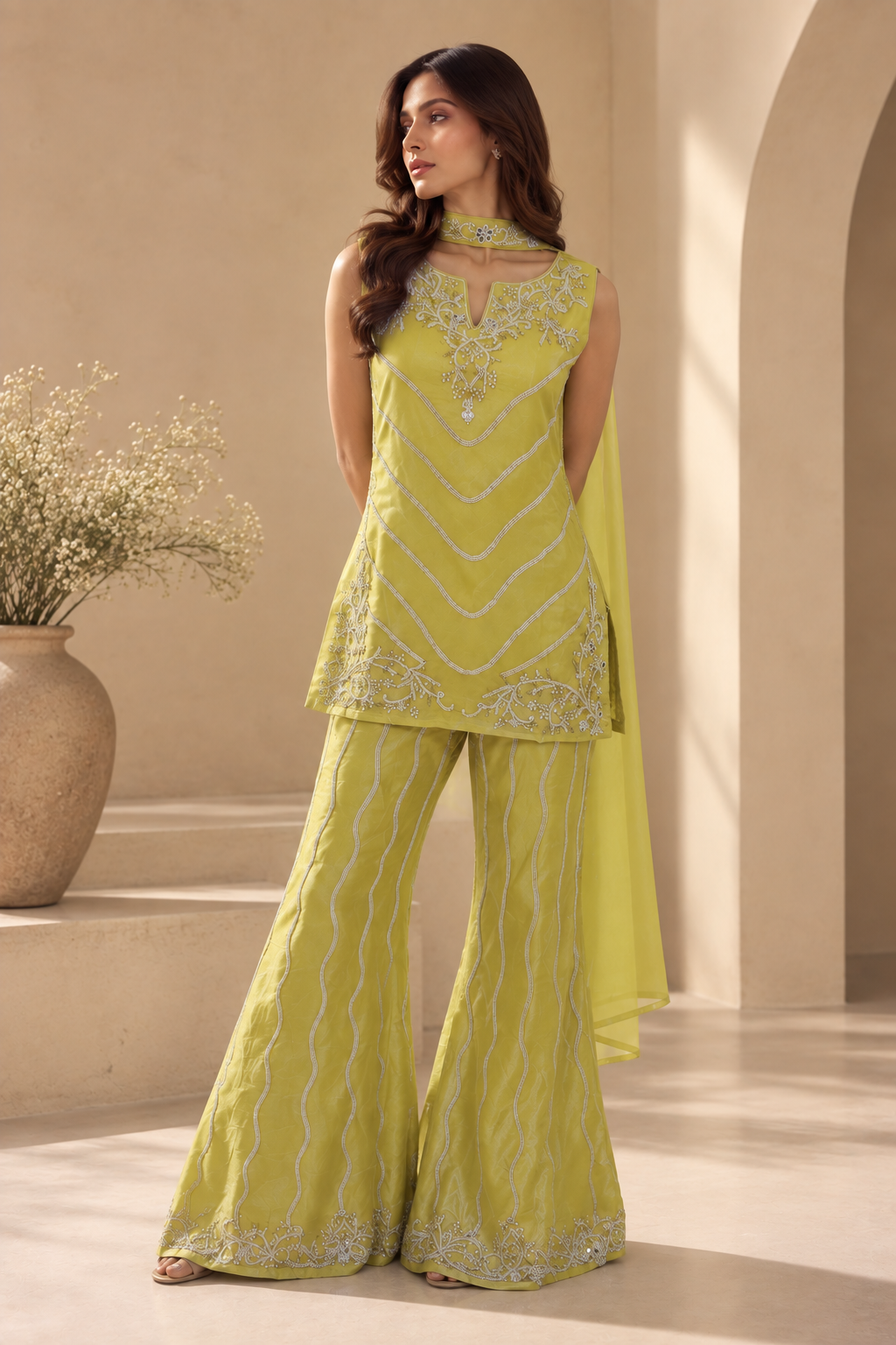 Pastel Yellow Embroidered Kurta with Flared Palazzo Pants & Dupatta 3-Piece Set — Sharara Set — view 2 | Lehar Clothing UAE