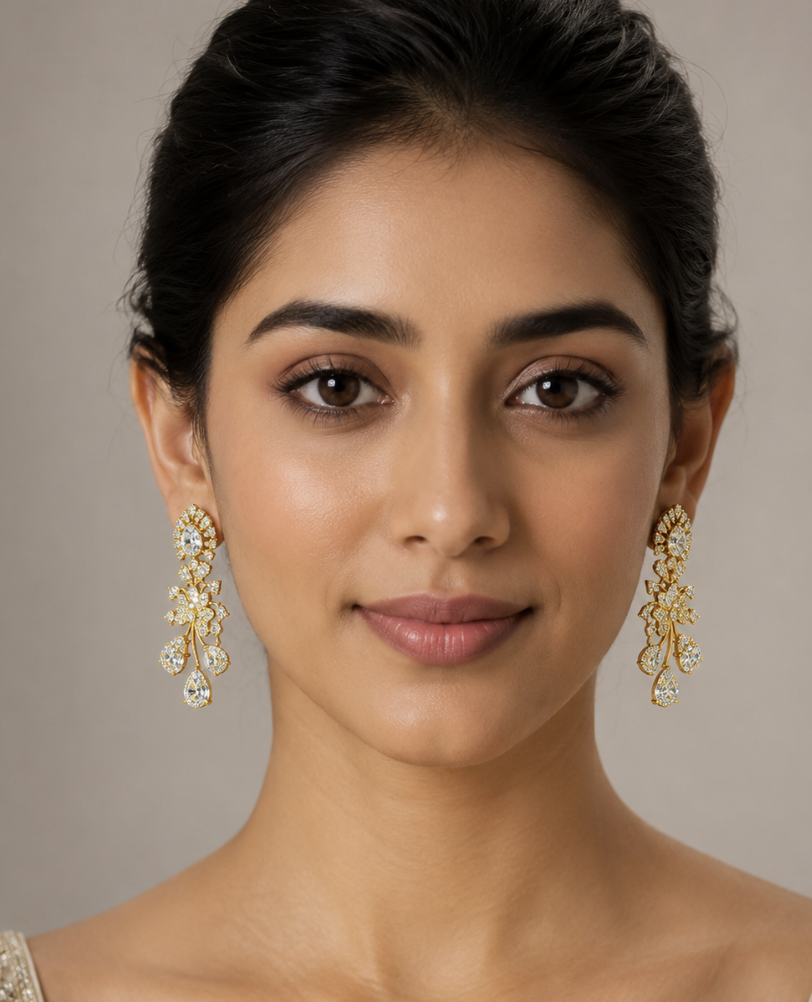 Women’s Gold-Tone Floral Crystal Drop Earrings – Statement Imitation Jewellery — Jewellery | Lehar Clothing UAE