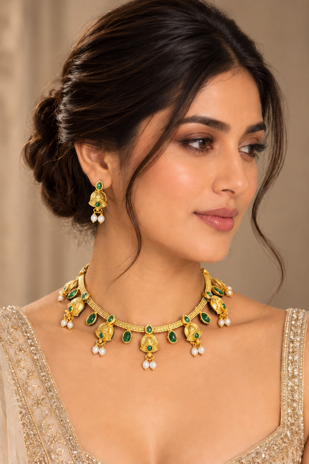 Green Stone Temple Choker Set with Jhumkas - Gold Tone Indian Jewelry — Jewellery | Lehar Clothing UAE