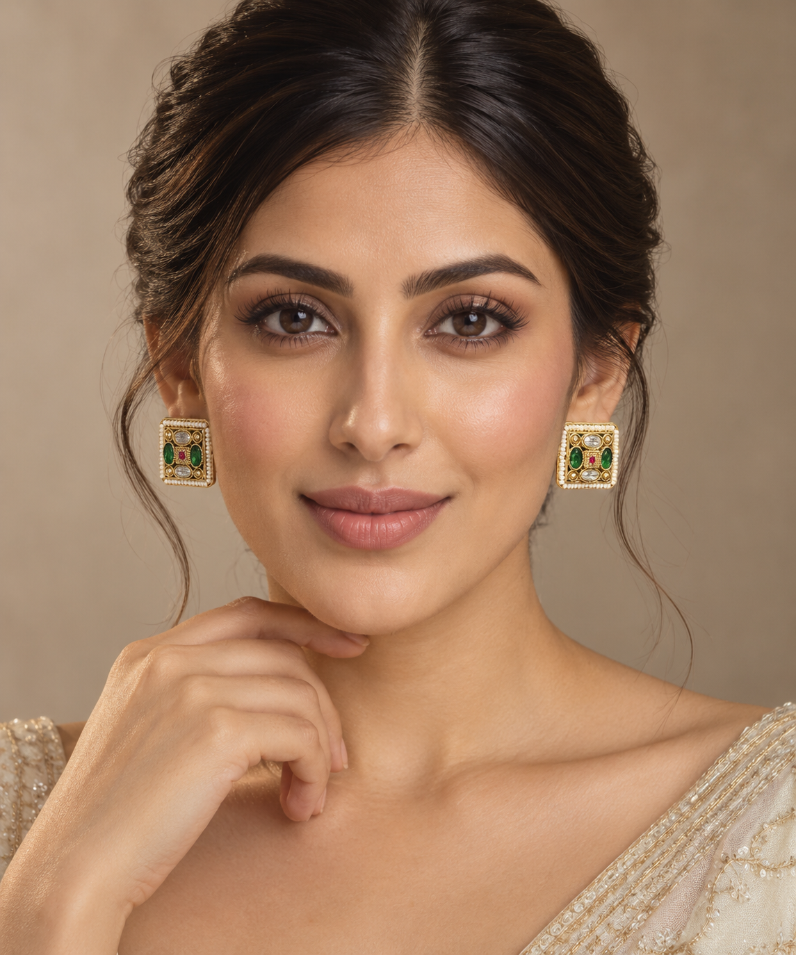 Square Polki-Style Studs with Pearl Border – Antique Gold Indian Jewelry — Jewellery | Lehar Clothing UAE