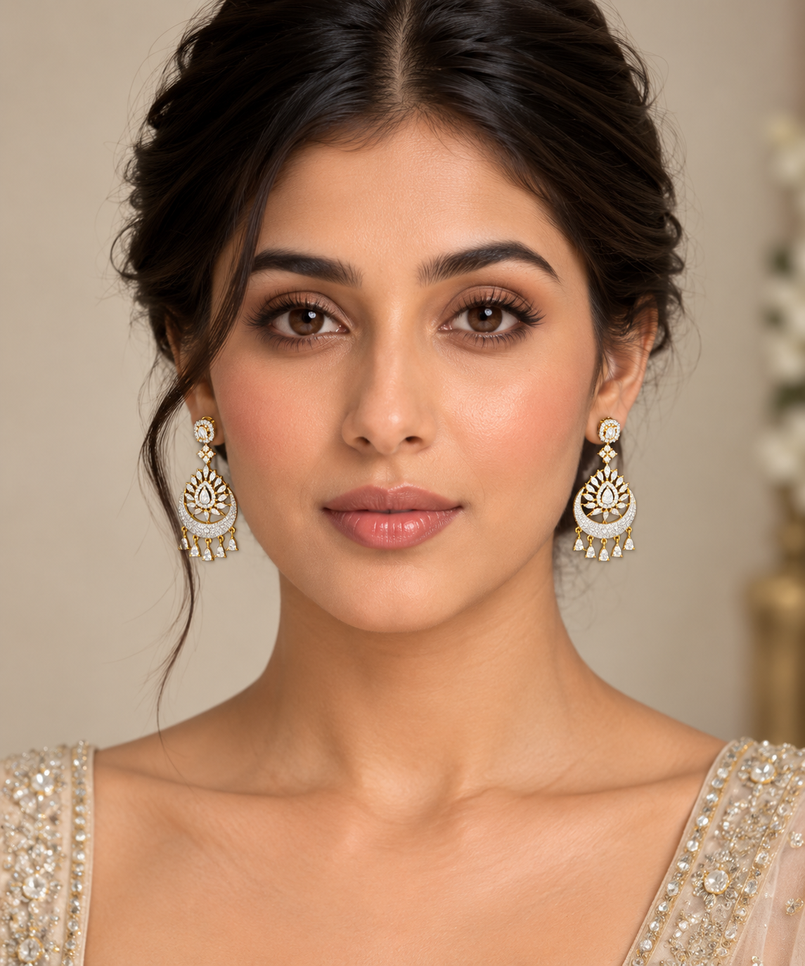 Indian Gold-Plated Stone Studded Chandbali Earrings – Crescent Moon Drop Danglers with Teardrop Tassels, Wedding & Party Jewelry for Women — Jewellery — view 2 | Lehar Clothing UAE