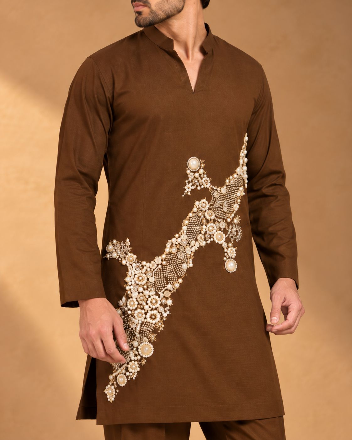 Men’s Chocolate Brown Pearl & Bead Embellished Kurta Pajama Set — Kurta Sets — view 2 | Lehar Clothing UAE