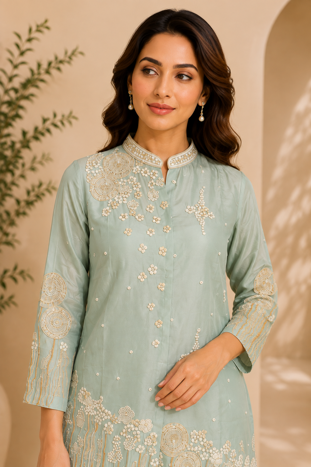 Women's Pastel Blue Floral Embroidered Kurta & Palazzo Co-Ord Set — Co-ord Set — view 3 | Lehar Clothing UAE