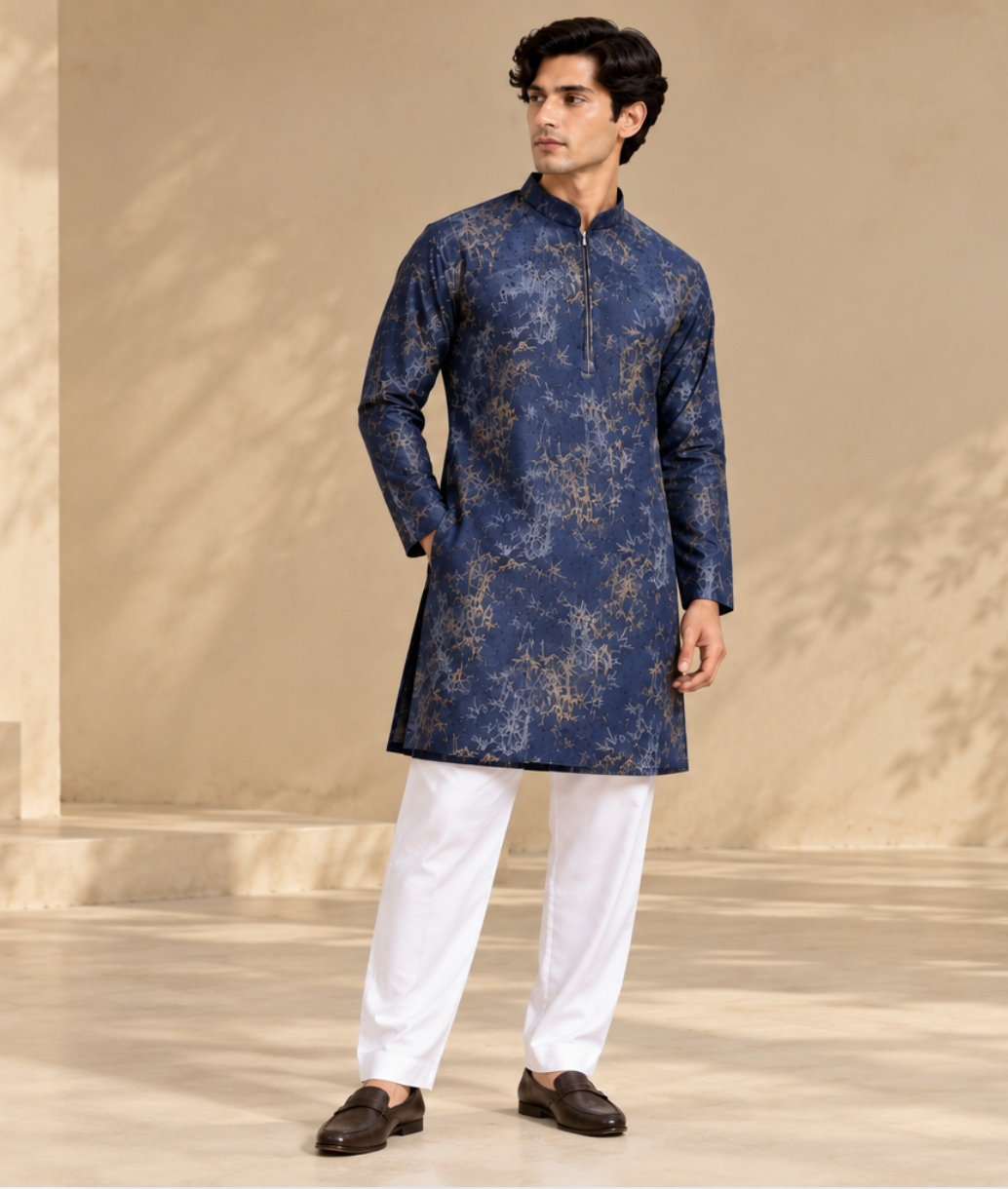Men's Navy Blue Bamboo Print Kurta Set with Subtle Embellishments and White Straight-Fit Pants — Kurta Sets — view 2 | Lehar Clothing UAE