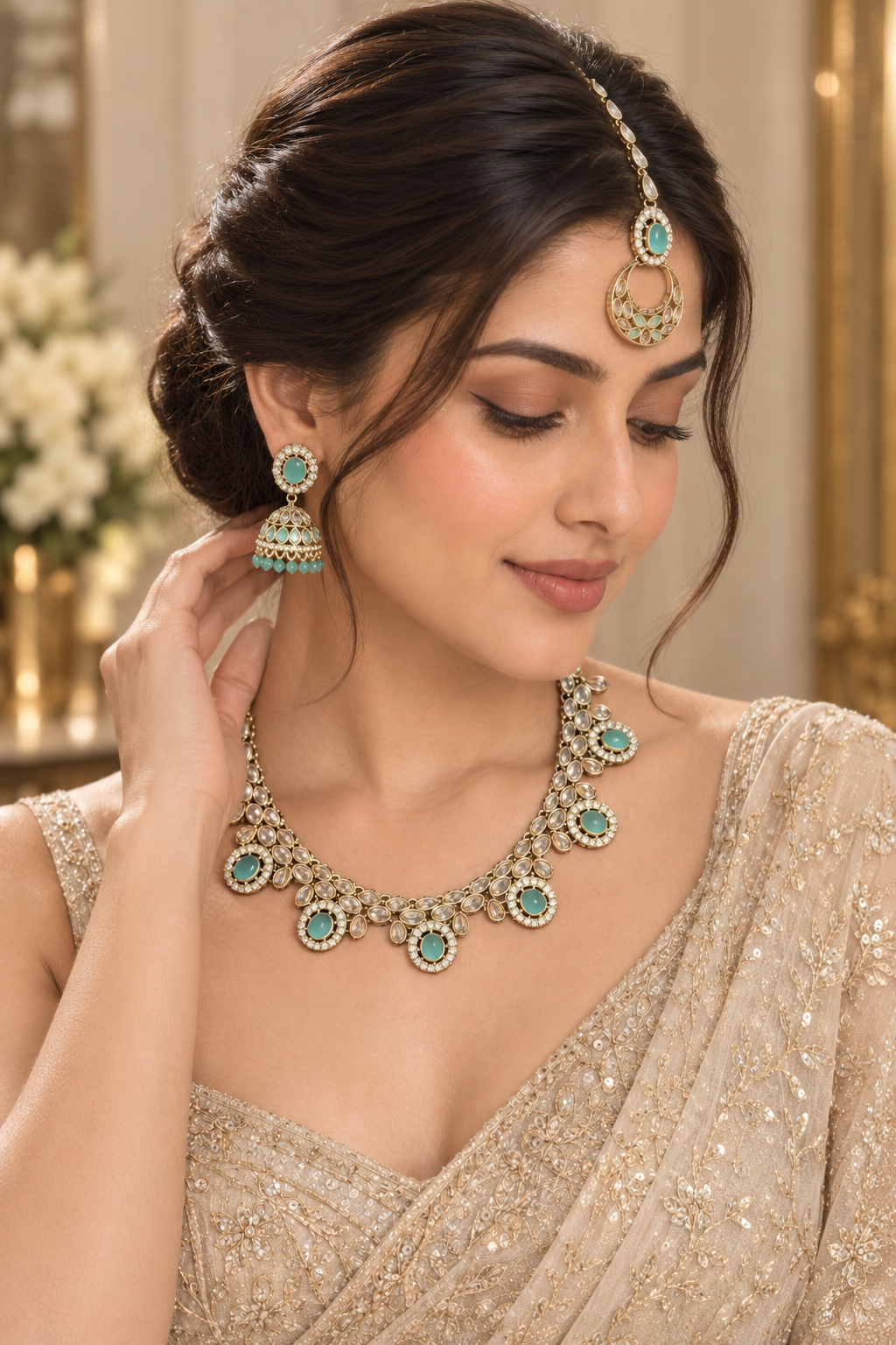 Mint Green Kundan Necklace Set with Jhumka Earrings & Maang Tikka – Indian Bridal Jewelry — Jewellery — view 2 | Lehar Clothing UAE
