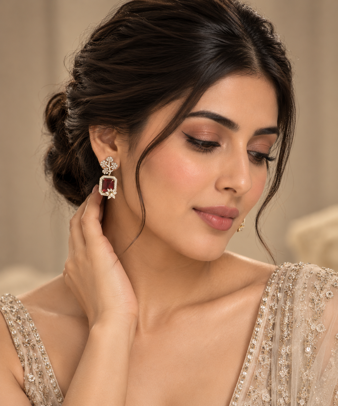 Indian Gold-Plated Stone Studded Floral Drop Earrings – Ruby Red Color Rectangle Stone with Halo Setting, Wedding & Party Jewelry for Women — Jewellery — view 2 | Lehar Clothing UAE