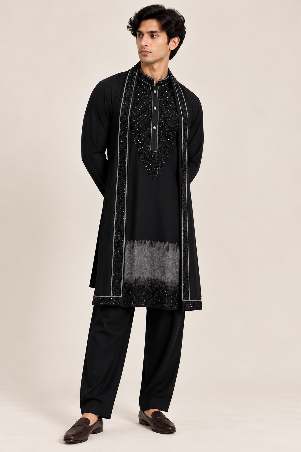 Men’s Black Embellished Kurta Pant Set with Sequin Detailing, Mandarin Collar & Matching Dupatta — Kurta Sets | Lehar Clothing UAE