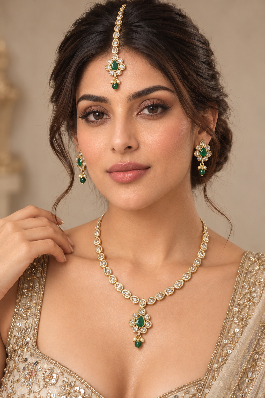Emerald Green Kundan Necklace Set with Maang Tikka - Gold-Tone Indian Bridal Jewelry — Jewellery — view 2 | Lehar Clothing UAE