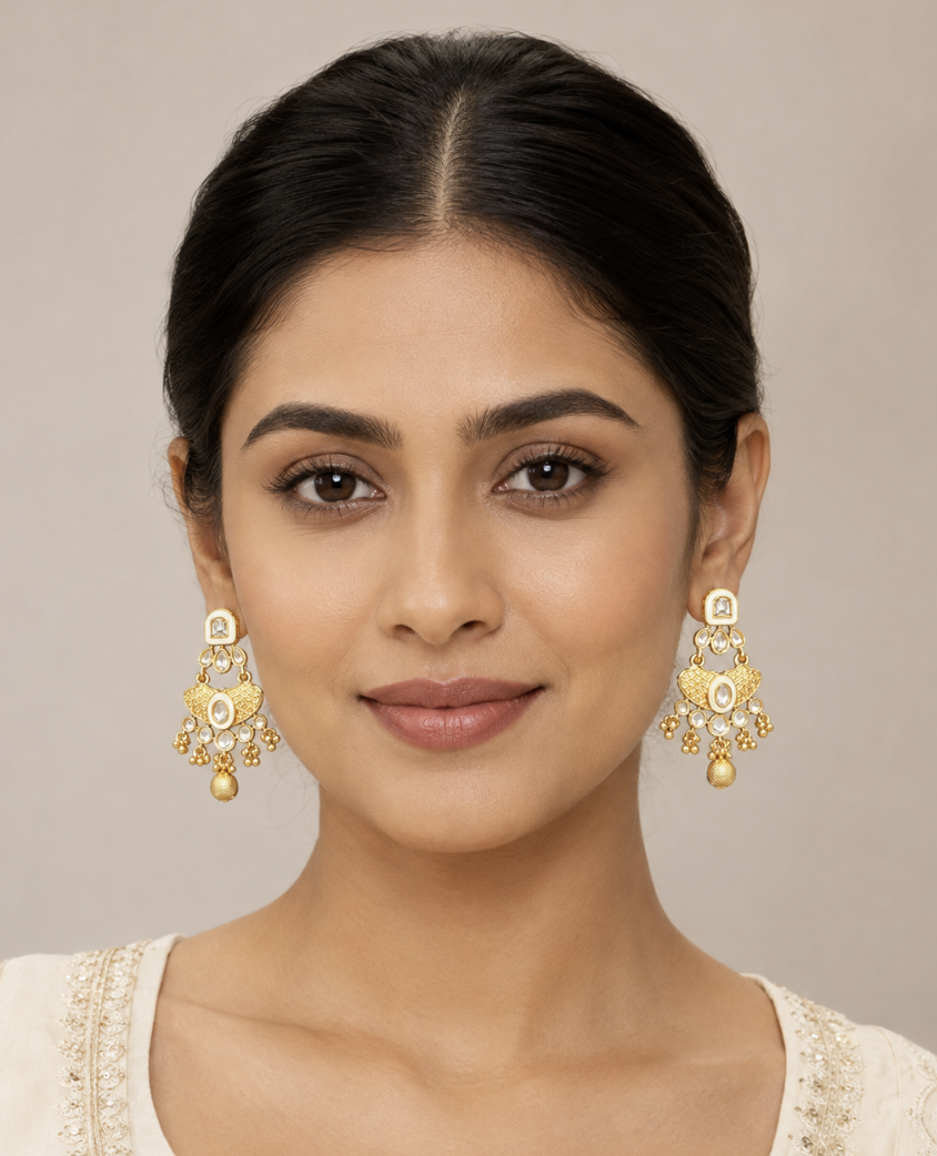 Imitation Gold-Tone Kundan Chandbali Earrings with Polki Stones & Beaded Drops — Jewellery | Lehar Clothing UAE