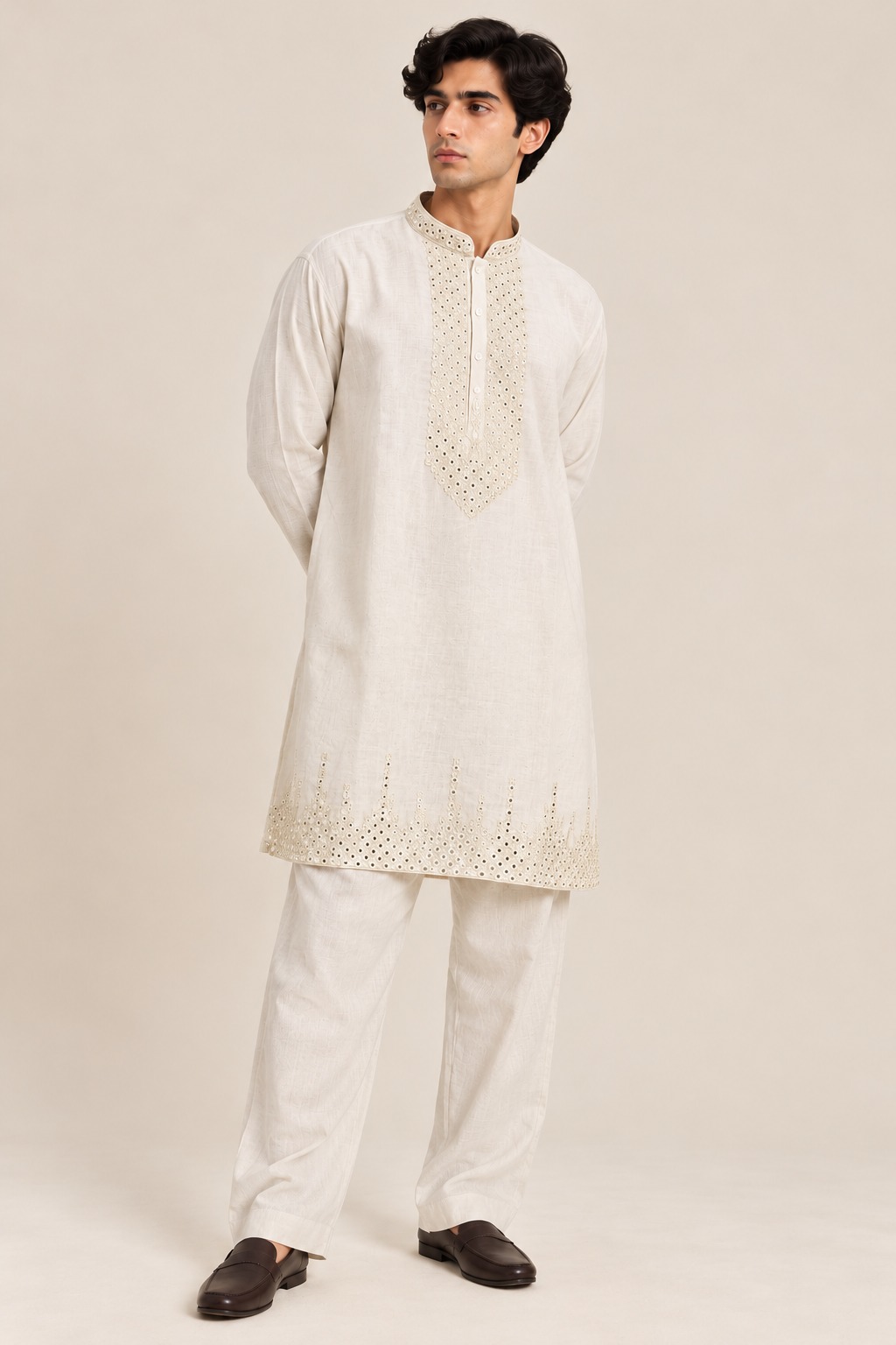 Men’s Ivory Mirror Work Embroidered Kurta Set with Matching Straight-Fit Pants — Kurta Sets | Lehar Clothing UAE