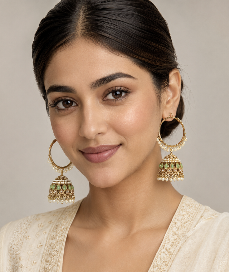Imitation Gold-Tone Hoop Jhumka Earrings with Green Stones & Pearl Drops — Jewellery | Lehar Clothing UAE