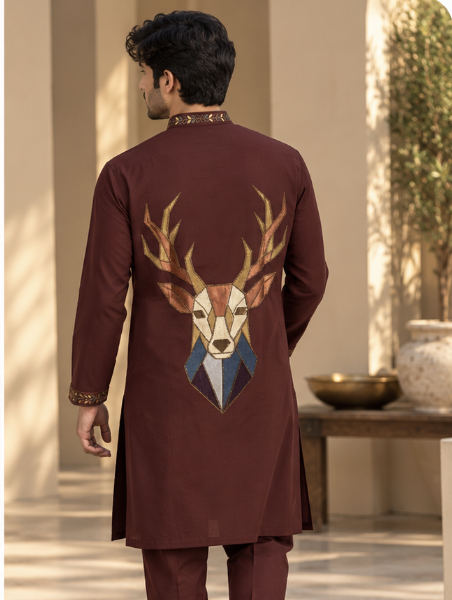 Men’s Maroon Kurta Pant Set with Gold Embroidered Placket & Statement Deer Motif Back Design — Kurta Sets — view 3 | Lehar Clothing UAE