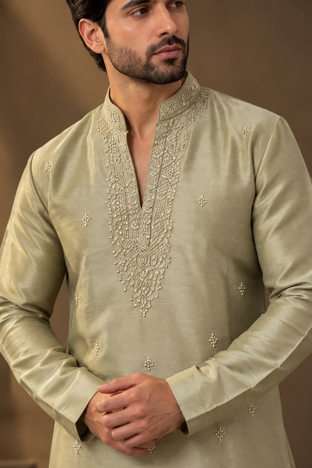 Beige Embroidered Silk Kurta with Ivory Straight Pants — Kurta Sets — view 3 | Lehar Clothing UAE