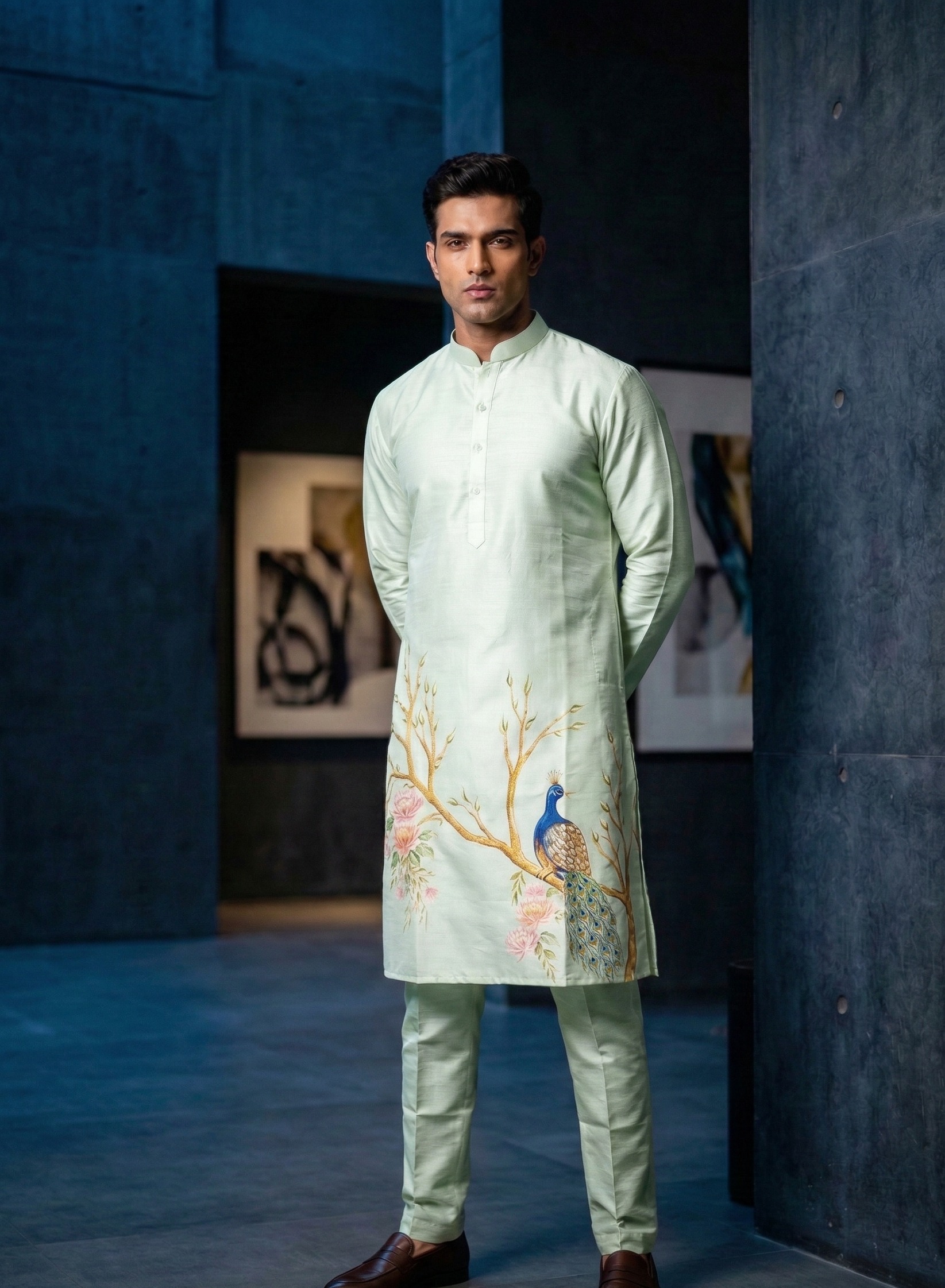 Men’s pastel green embroidered silk blend kurta set – ivory with peacock floral motif — Kurta Sets | Lehar Clothing UAE