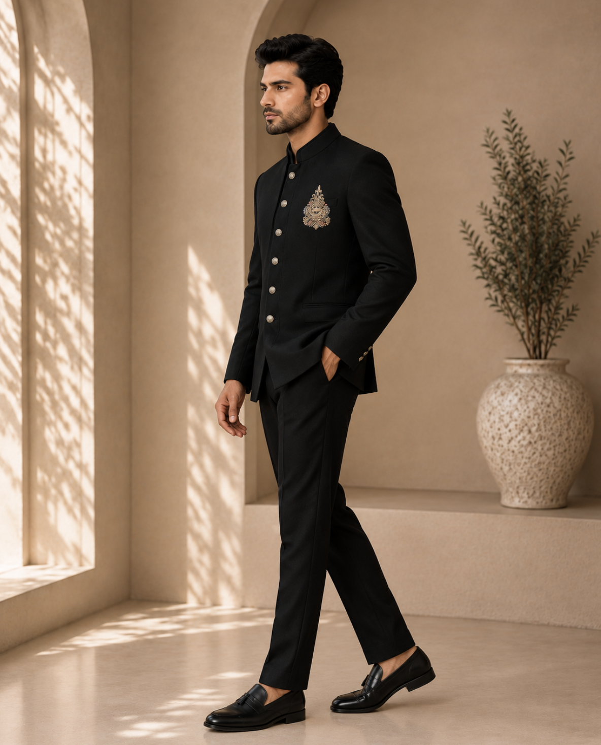 Black Embroidered Indo-Western Bandhgala Suit Set for Men — Fusion wear — view 2 | Lehar Clothing UAE