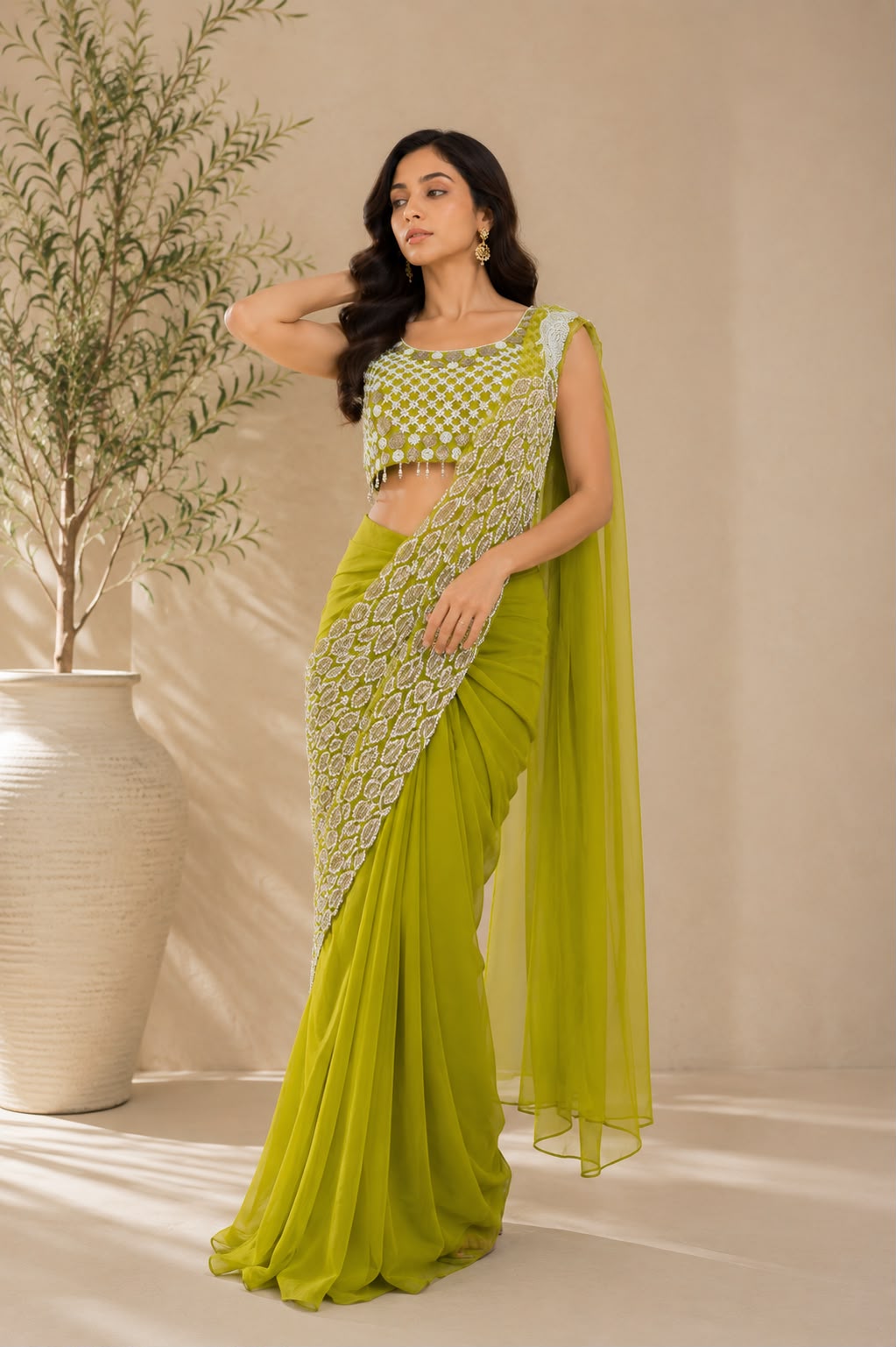 Lime Green Ready-to-Drape Saree with Hand Embroidered Mirror Work Blouse — Sarees — view 3 | Lehar Clothing UAE