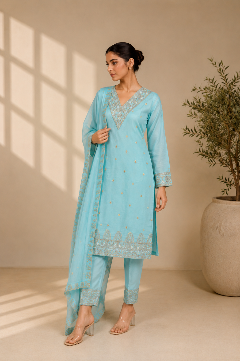 Sky Blue Embroidered Kurta Set with Dupatta — Kurta Sets — view 2 | Lehar Clothing UAE
