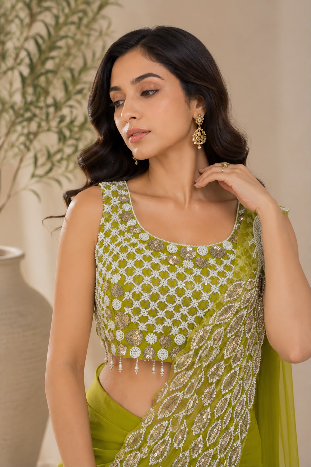 Lime Green Ready-to-Drape Saree with Hand Embroidered Mirror Work Blouse — Sarees — view 2 | Lehar Clothing UAE
