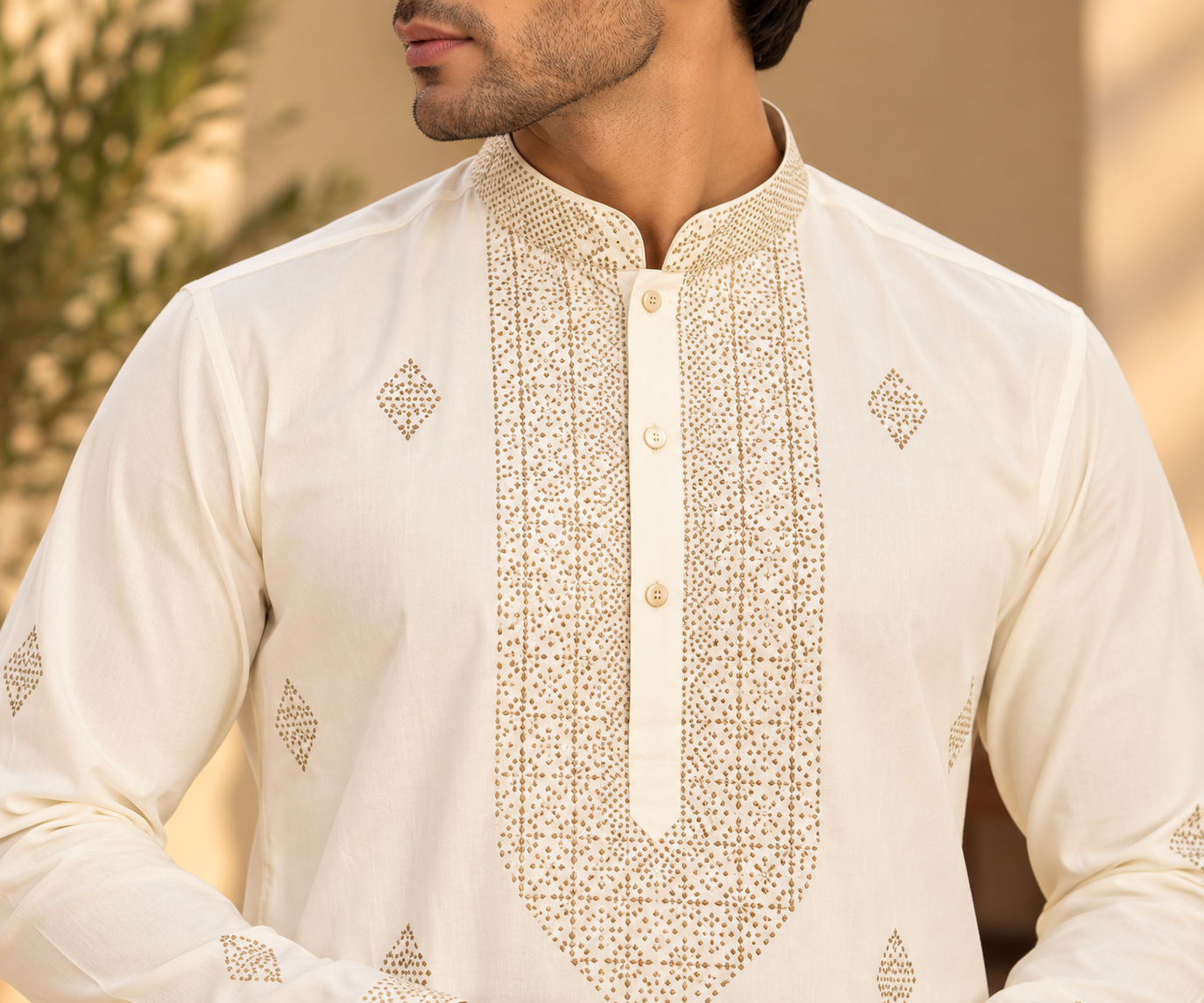 Ivory Embroidered Kurta Set for Men with Matching Trousers — Kurta Sets — view 2 | Lehar Clothing UAE