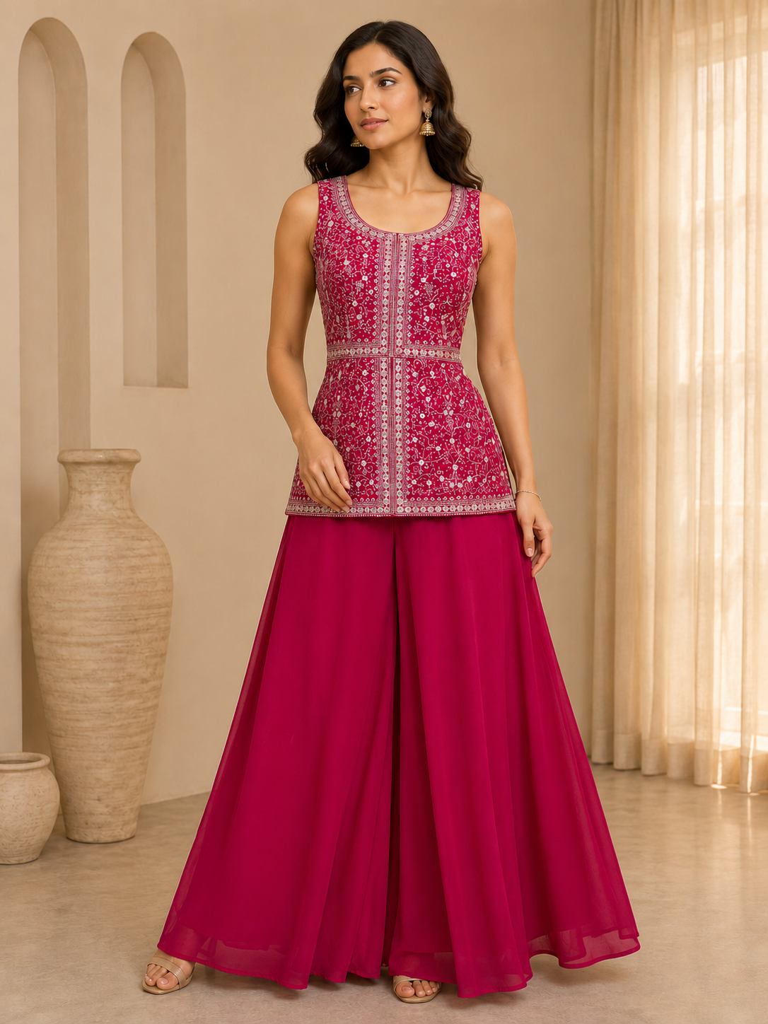 Pink Sleeveless Scoop Neck Short Kurti and Plain Sharara Suit 3-Piece Set — Sharara Set — view 2 | Lehar Clothing UAE