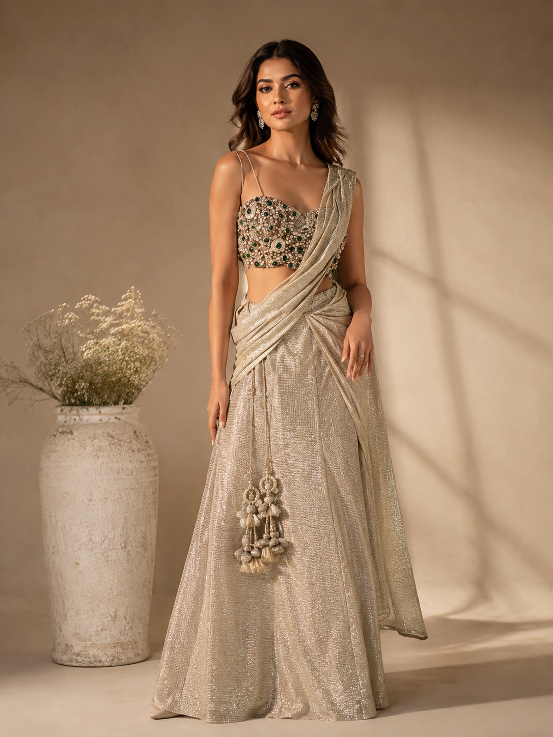 Women’s Metallic Champagne Draped Lehenga Set with Green Embellished Crop Top — Kurta Sets | Lehar Clothing UAE