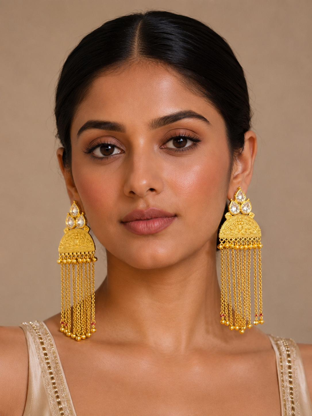 Imitation Gold-Tone Kundan Statement Long Tassel Kashir Dangler Earrings — Jewellery | Lehar Clothing UAE