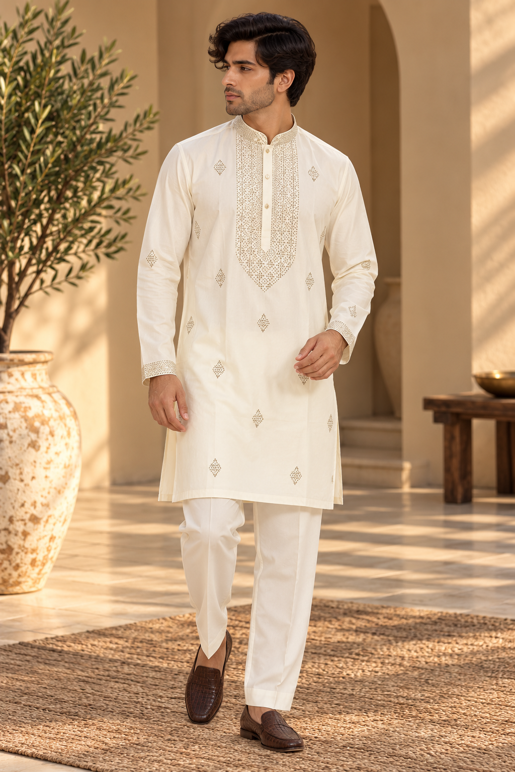 Ivory Embroidered Kurta Set for Men with Matching Trousers — Kurta Sets | Lehar Clothing UAE