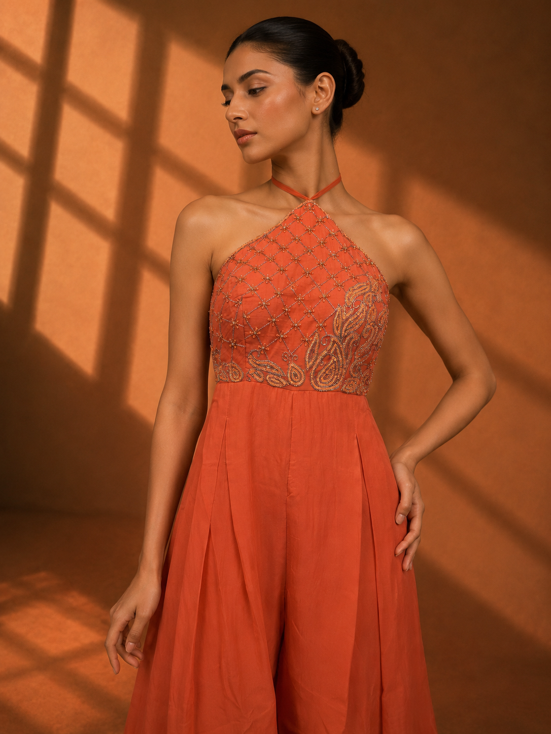 Coral Orange Halter-Neck Embroidered Wide-Leg Jumpsuit — Fusion wear — view 2 | Lehar Clothing UAE