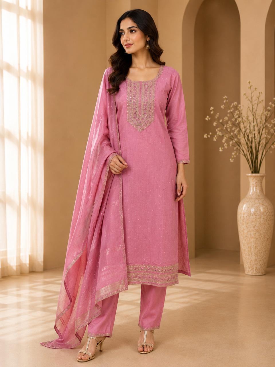 Women's Pink 3-Piece Embroidered Kurta and Pant Set with Dupatta — Kurta Sets | Lehar Clothing UAE