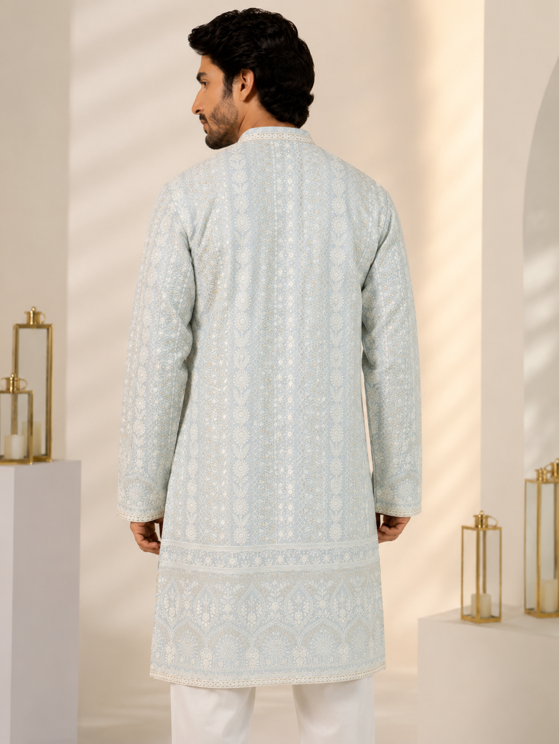 Men’s Light Blue Chikankari Embroidered Kurta & White Trouser Set — Kurta Sets — view 3 | Lehar Clothing UAE
