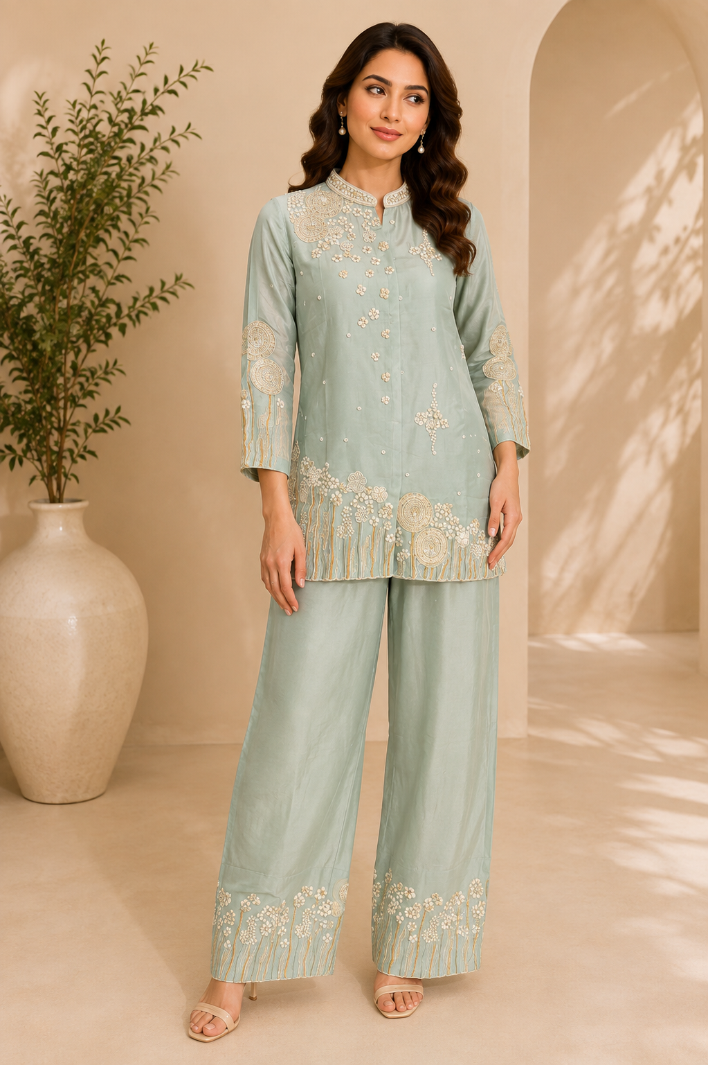 Women's Pastel Blue Floral Embroidered Kurta & Palazzo Co-Ord Set — Co-ord Set — view 2 | Lehar Clothing UAE