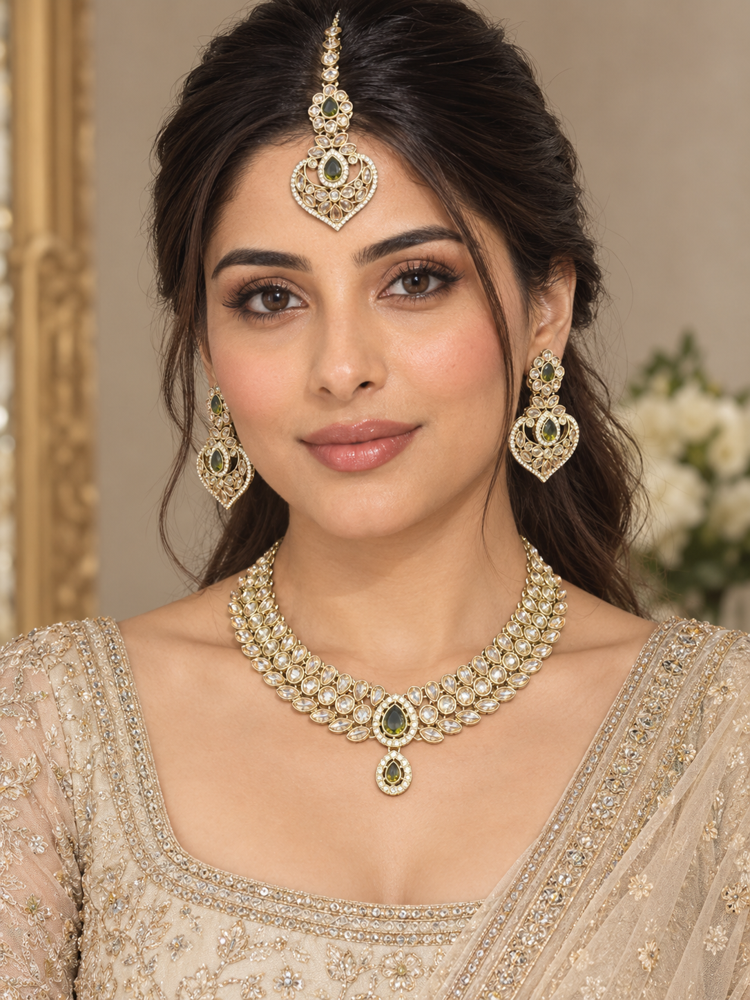 Olive Green Kundan Collar Necklace Set with Heart Earrings & Maang Tikka – Indian Bridal Jewelry — Jewellery | Lehar Clothing UAE