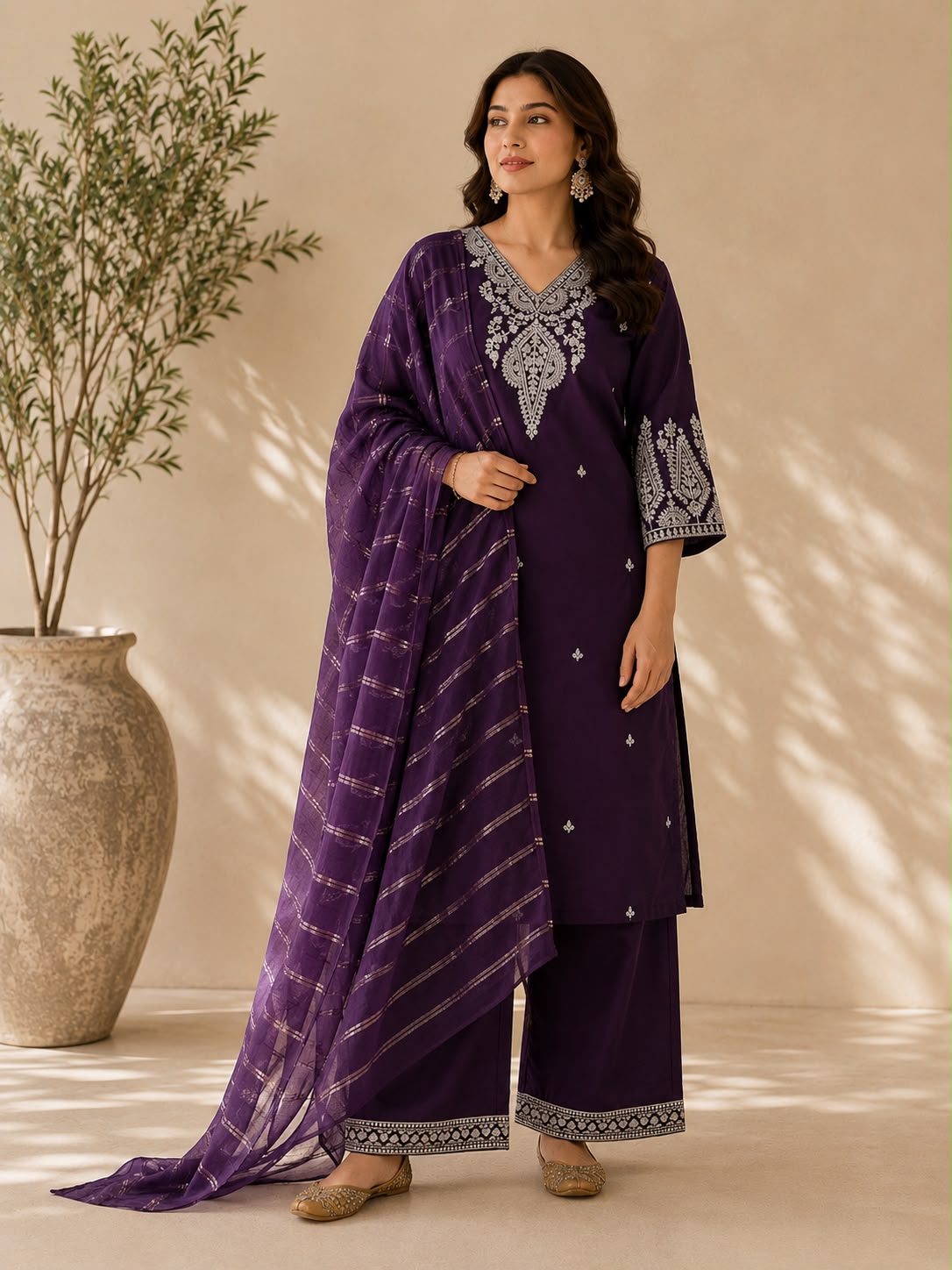 Purple Muslin Cotton Embroidered Kurta Set with Organza Dupatta — Kurta Sets — view 3 | Lehar Clothing UAE