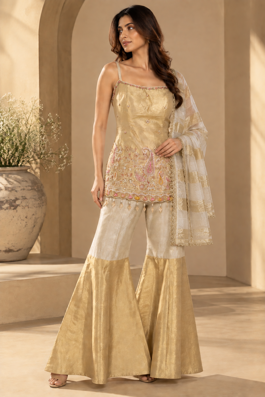 Beige to Gold Ombre Embroidered Bustier Top with Flared Sharara Pants & Matching Dupatta — Sharara Set | Lehar Clothing UAE