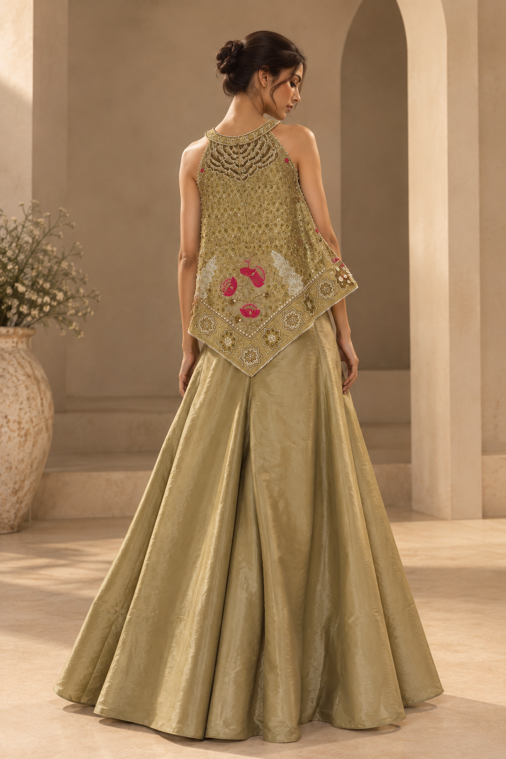 Gold Embroidered Asymmetrical Cape Top with Wide-Leg Palazzo Pants Indo-Western Set — Palazzo Sets — view 2 | Lehar Clothing UAE
