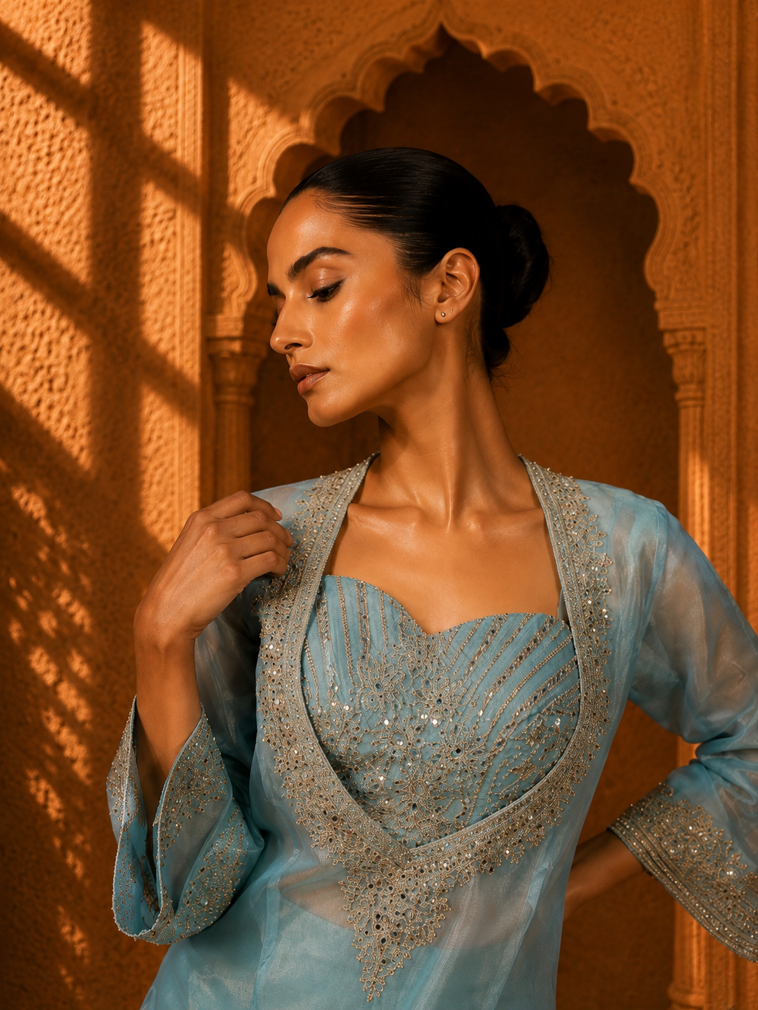 Sky Blue Embroidered Palazzo Suit Set with Draped Dupatta — Sharara Set — view 2 | Lehar Clothing UAE