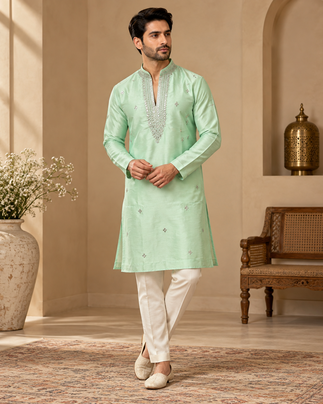 Mint Green Embroidered Silk Kurta with Ivory Straight Pants — Kurta Sets | Lehar Clothing UAE