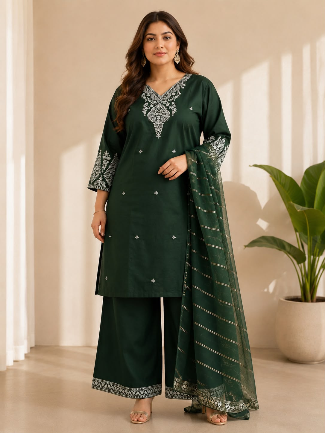 Green Muslin Cotton Embroidered Kurta Set with Organza Dupatta — Kurta Sets | Lehar Clothing UAE