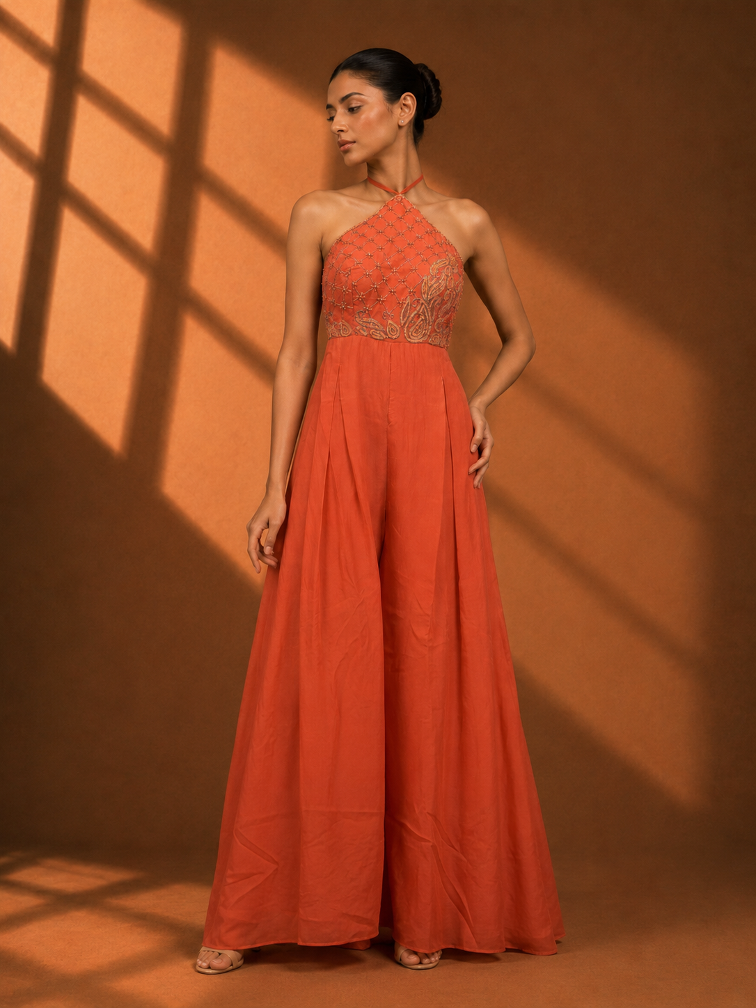 Coral Orange Halter-Neck Embroidered Wide-Leg Jumpsuit — Fusion wear | Lehar Clothing UAE