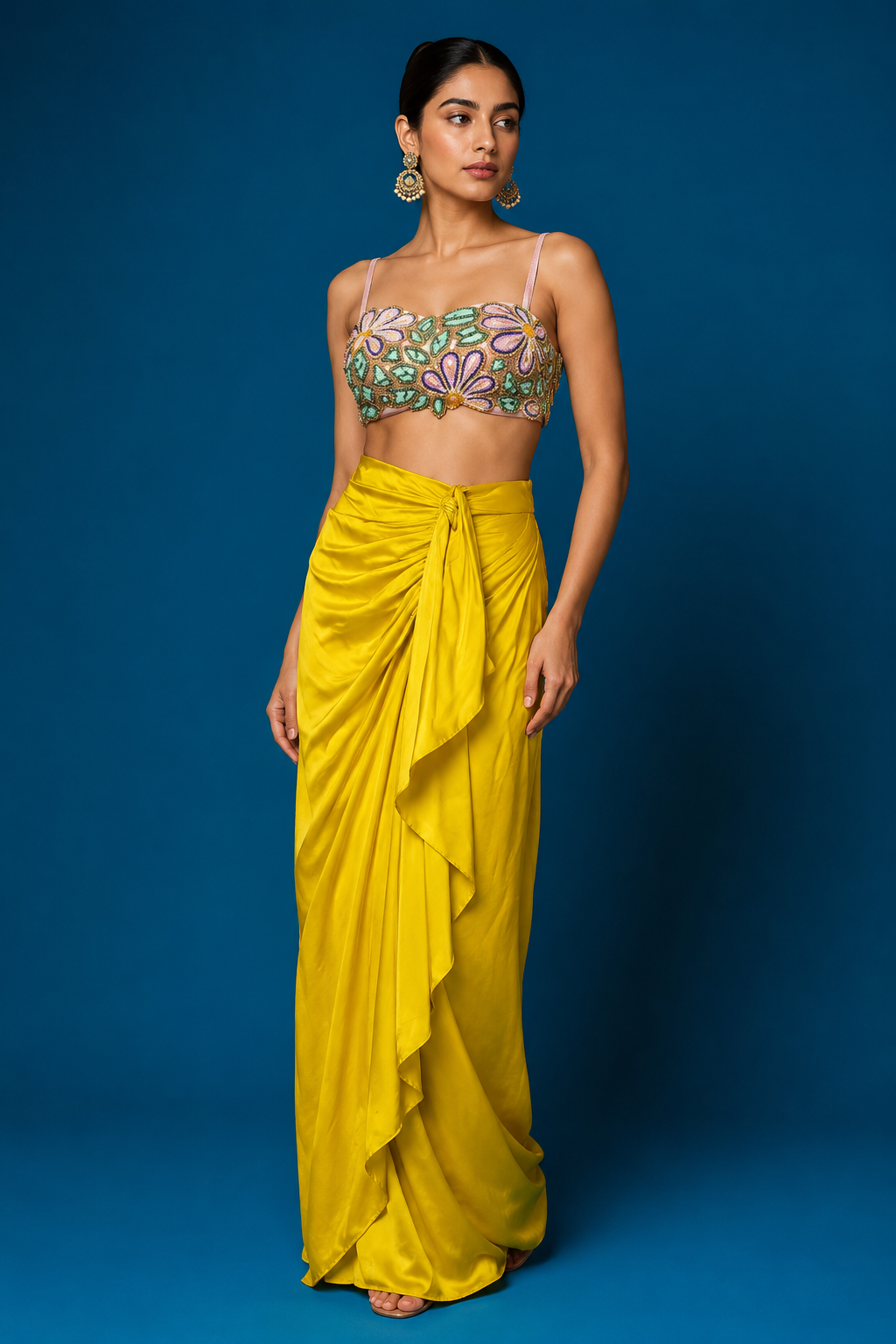 Sunlit Bloom Draped Skirt Co-Ord Set — Fusion wear | Lehar Clothing UAE