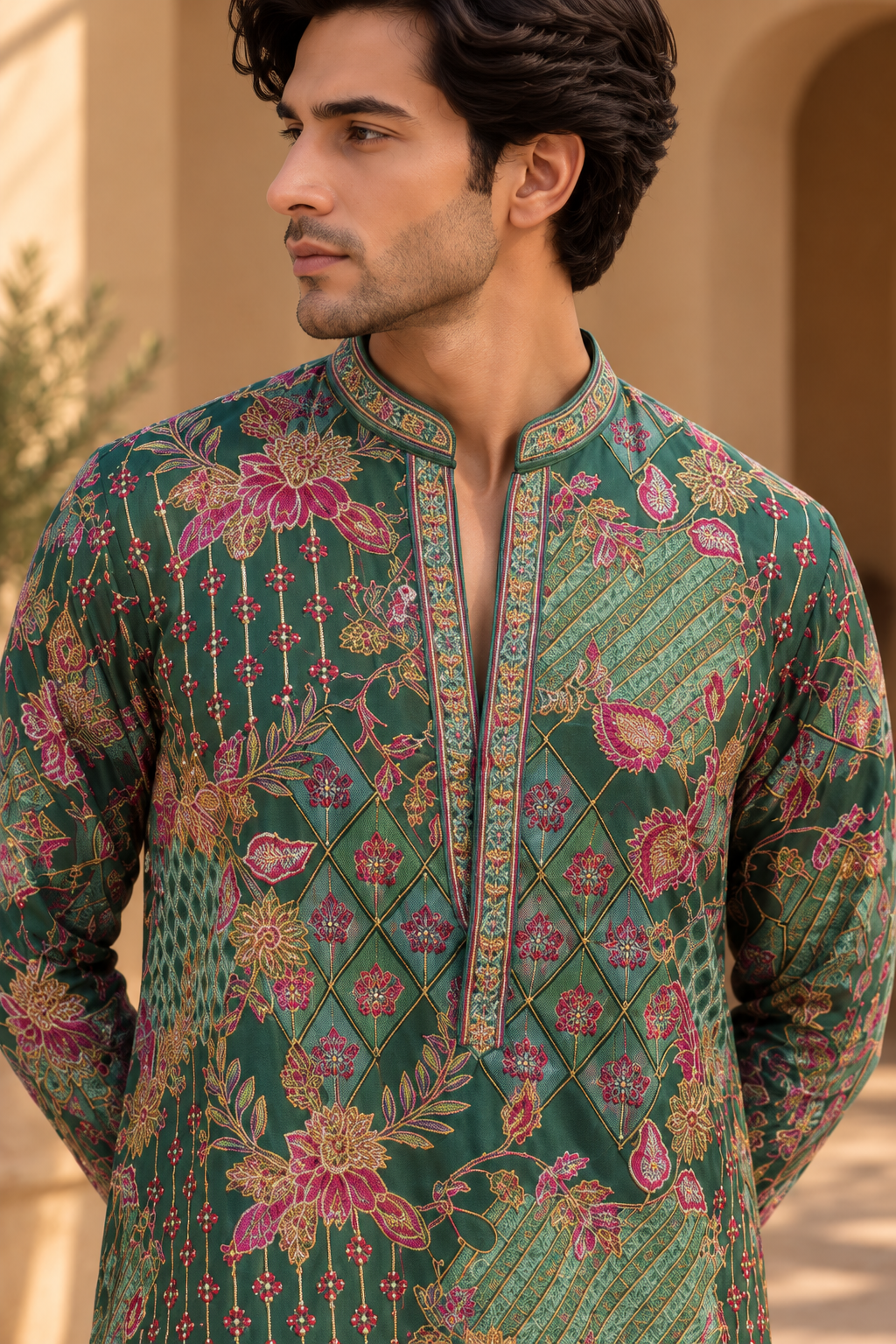 Men's Emerald Green Multicolor Floral & Geometric Embroidered Kurta Set with White Straight Pants — Kurta Sets — view 3 | Lehar Clothing UAE